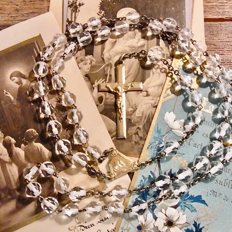 フランス アンティーク クリア ガラス ロザリオ キリスト メダイ