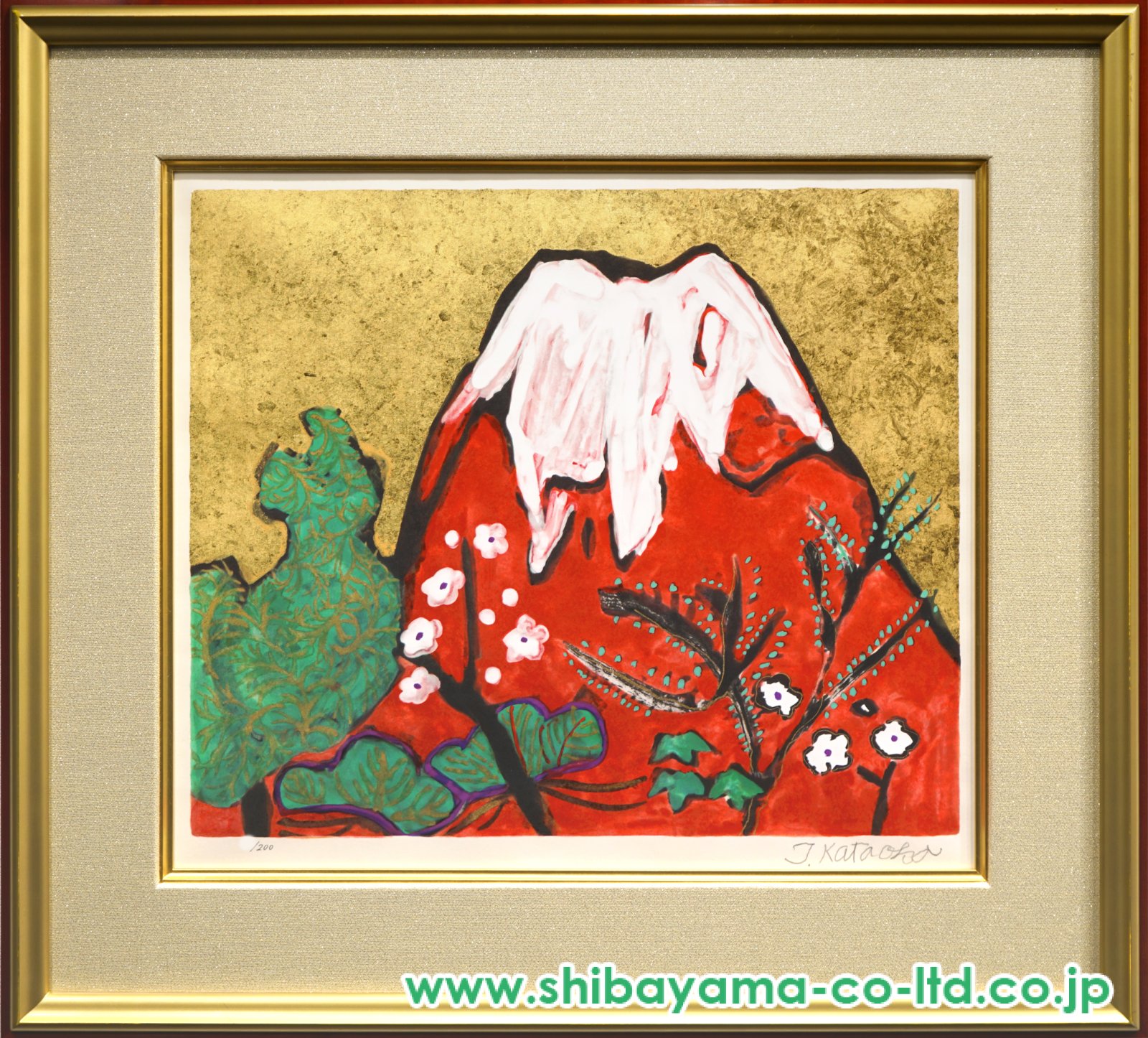 □片岡球子□油彩に岩粉 肉筆『富士に花咲く』表サイン(