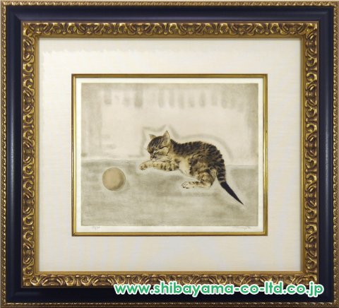 額付き銅版画応用絵画 「ひらめき猫」 額付き銅版画応用絵画