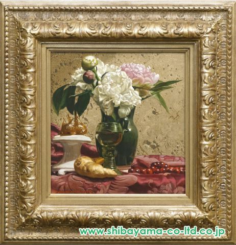 真作】絵画 油彩8号 優雅な花瓶の菊 柔らかな色彩で描か