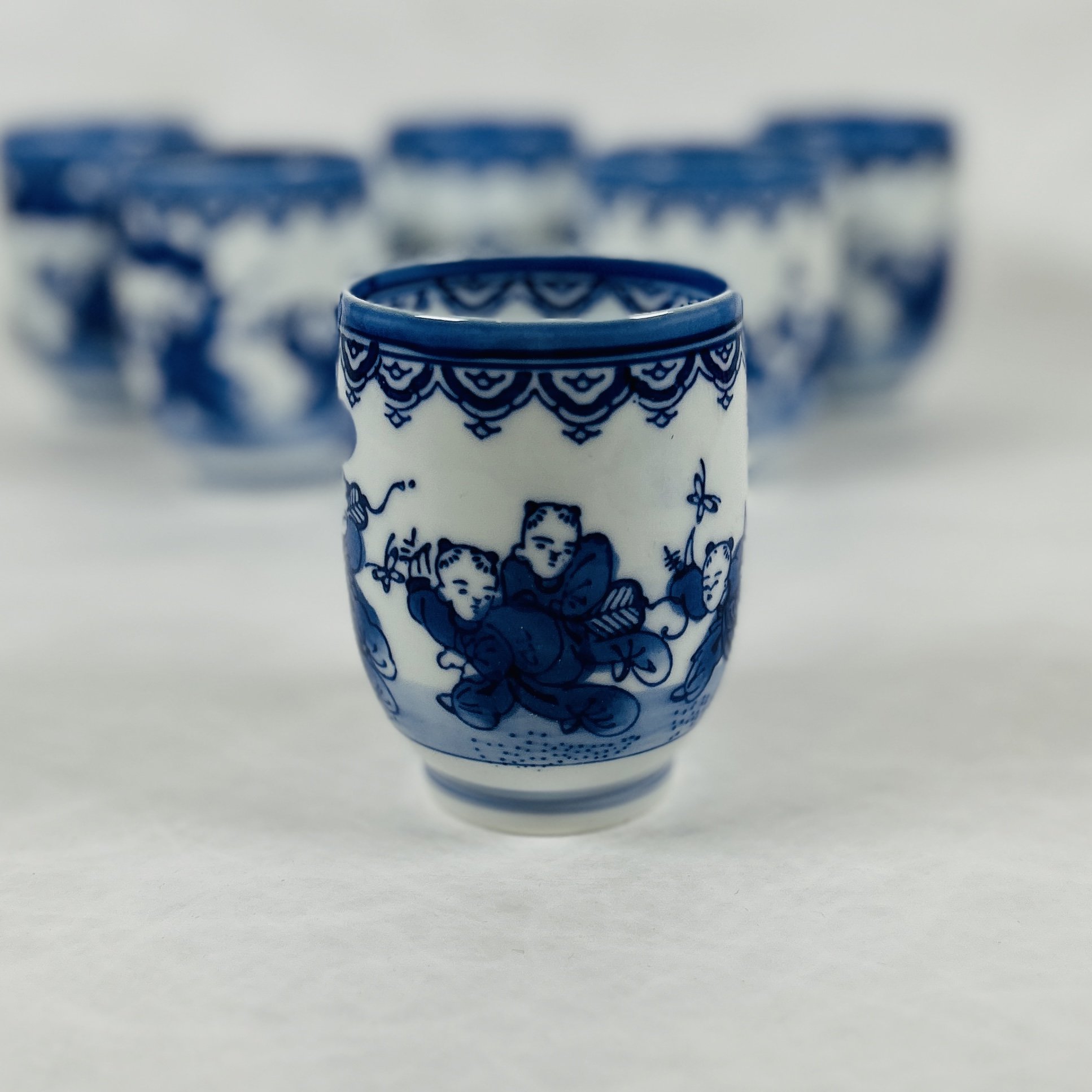 夢工房 古染付 白菜図 玉露 煎茶碗 五客 仕覆入 V-