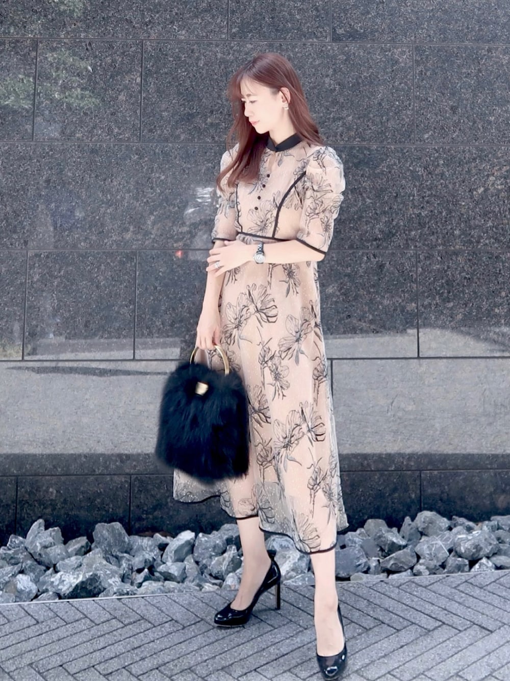 LEJA 配色パイピングプチハイネック花柄刺繍ラメレースロング丈ドレス