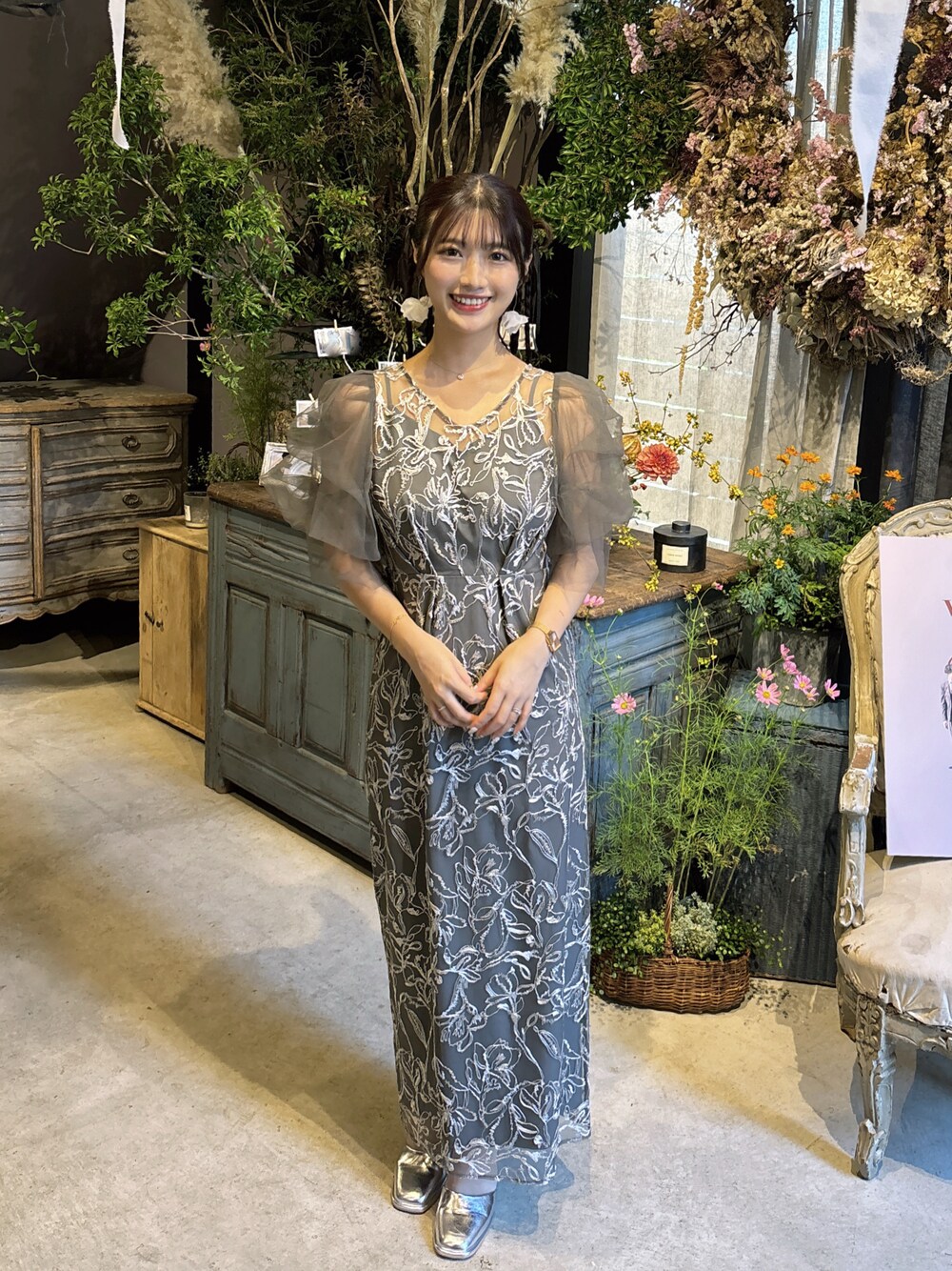 刺繍レース チュールスリーブ コクーン パーティードレス 結婚式