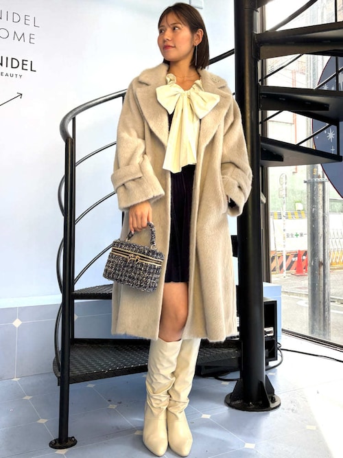 セール】ブローチ付きシャギーロングコート（チェスターコート