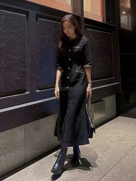 Leja】ラメ混ツイードレザーパイピングマーメイドロング丈ドレス