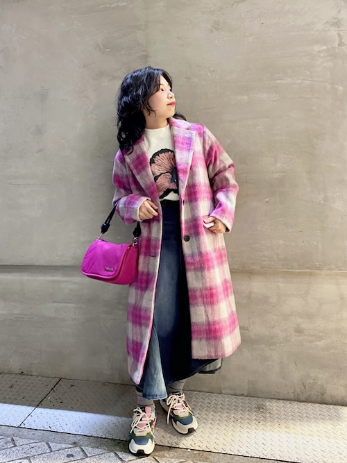 チェック柄 オーバーサイズ ウールブレンドコート ピンク（チェスター
