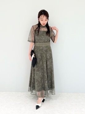 LEJA】ハイネック花柄レースウエストマーク透けロングドレスワンピース