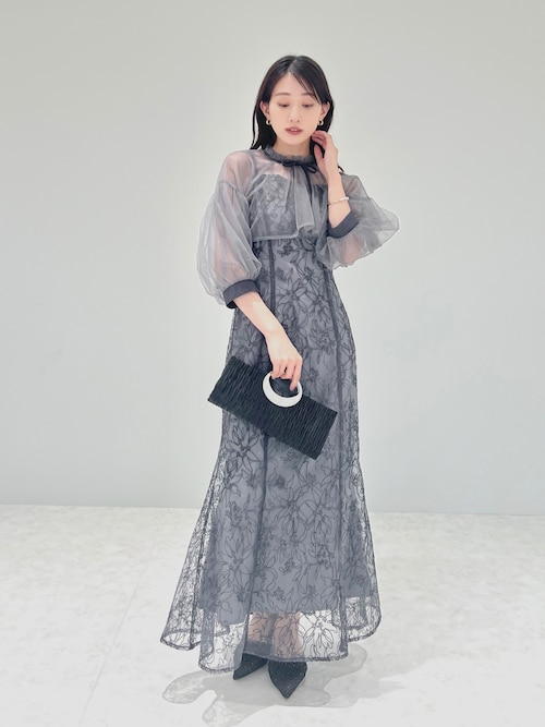 セール】【LEJA】リボン付きパフスリーブシアーボレロ刺繍レース