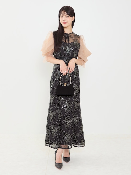 セール】【LEJA】スパンコールフラワーリボンチュールワンピースドレス