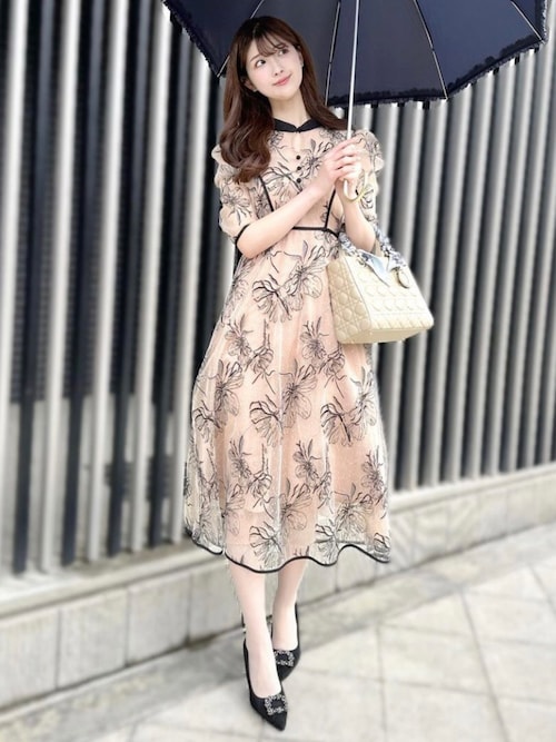 LEJA-配色パイピング花柄ラメレースワンピースドレス 結婚式 S グレー