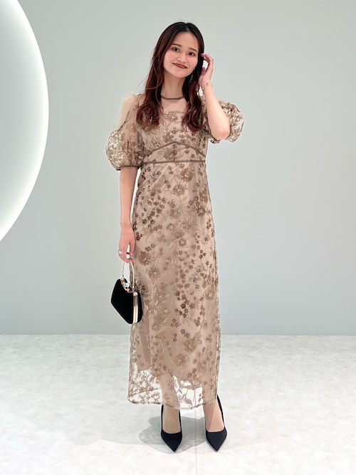 セール】【LEJA】フラワーディテールパフスリーブIラインワンピース