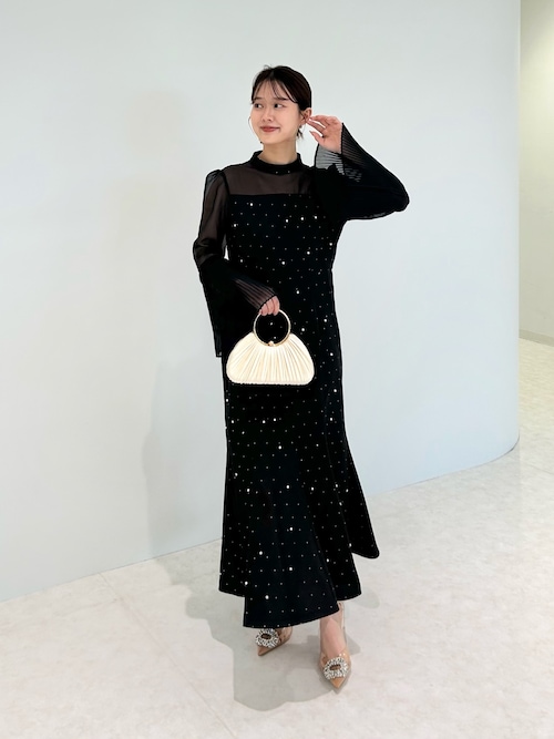 セール】【LEJA】パールビジュー付き透け感プリーツフレアスリーブ