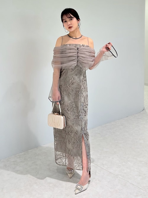 セール】【LEJA】チュールオフショルダー花柄Iラインドレスワンピース