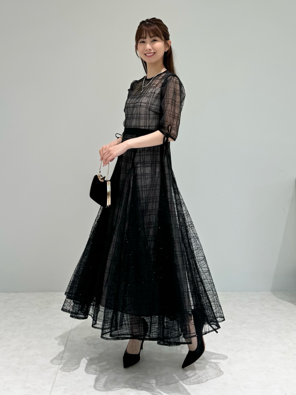 LEJA】チェック刺繍スパンコールチュール素材袖リボンパフスリーブ