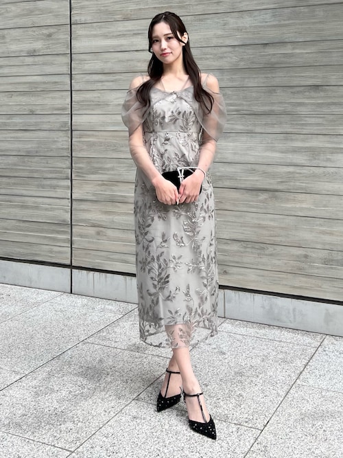 LEJA】チュールロングスリーブリーフIラインドレスワンピースグレーM