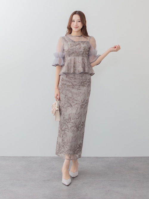 セール】【LEJA】アシンメトリーシアーフラワースパンコールフリル