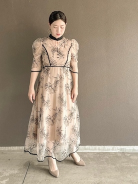 leja パイピングハイネック花柄ラメレースワンピースドレス beige S