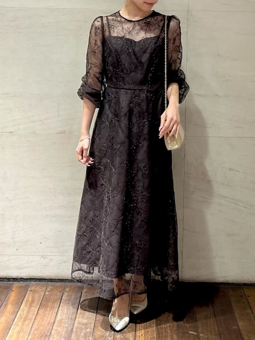 スパンコールフラワー刺繍ロングスリーブパーティードレス 結婚式