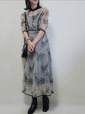 LEJA】配色パイピングプチハイネック花柄刺繍ラメレースロング丈ドレス