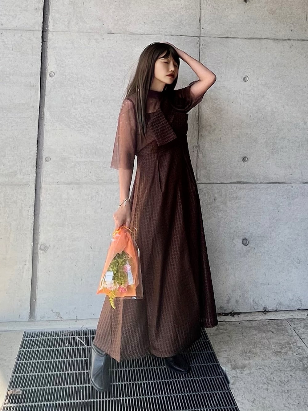 LEJA】ビスチェ風切り替えプチハイネック花柄シアーレースワッフル生地