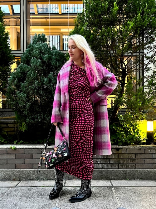 チェック柄 オーバーサイズ ウールブレンドコート ピンク（チェスター