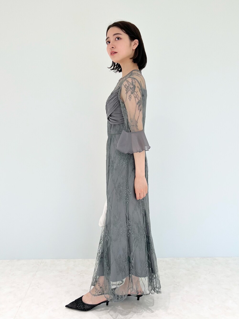 LEJA グレー レース ドレス LEJA オフショルダー パーティードレス