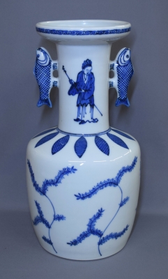 花入 染付 高砂 平安高野昭阿弥作 青白磁の花瓶 魚の持ち