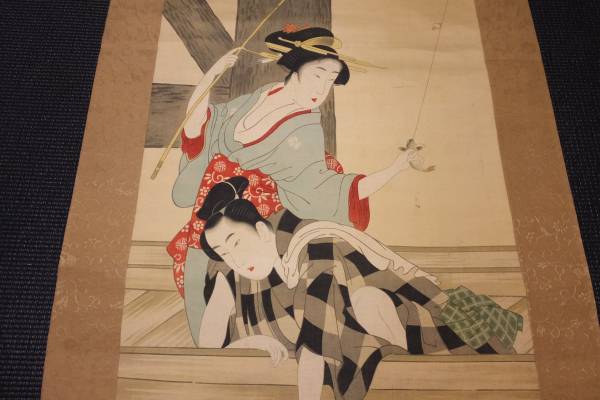 模写/伝/喜多川歌麿/橋下男女魚釣図/布袋屋掛軸HC-918