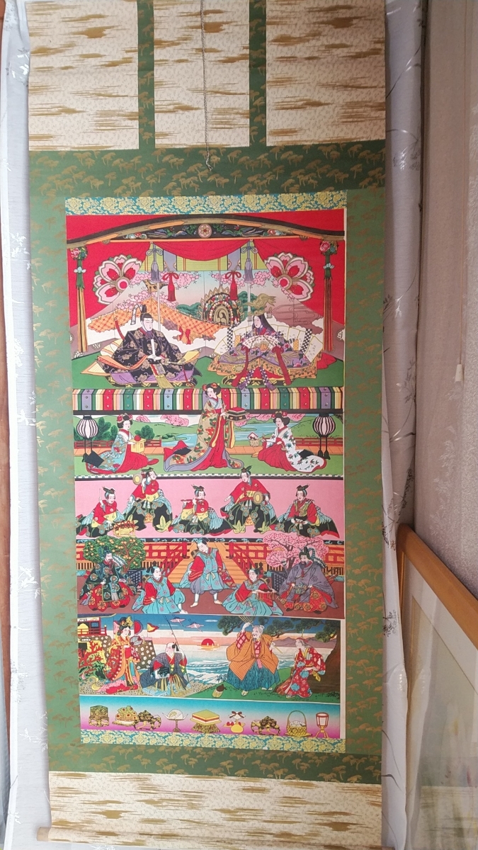 掛軸☆雛祭り☆昭和当時物 レトロ掛け軸 ひな飾り 6段飾り 紙製