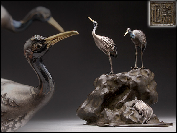 美品 岩上に鶴と亀 銅製