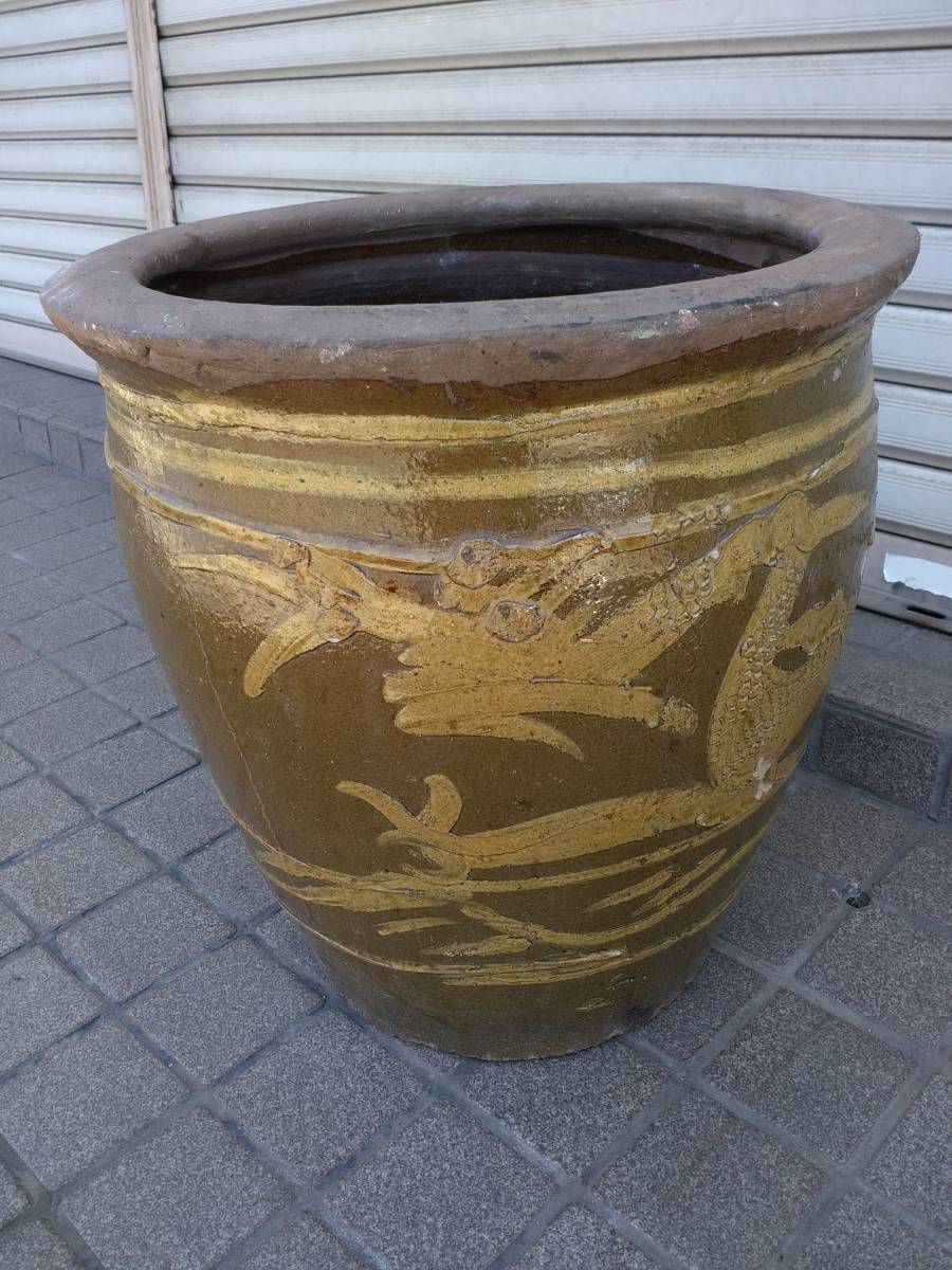 ピータン壺メダカ鉢金魚鉢龍柄大型焼き物