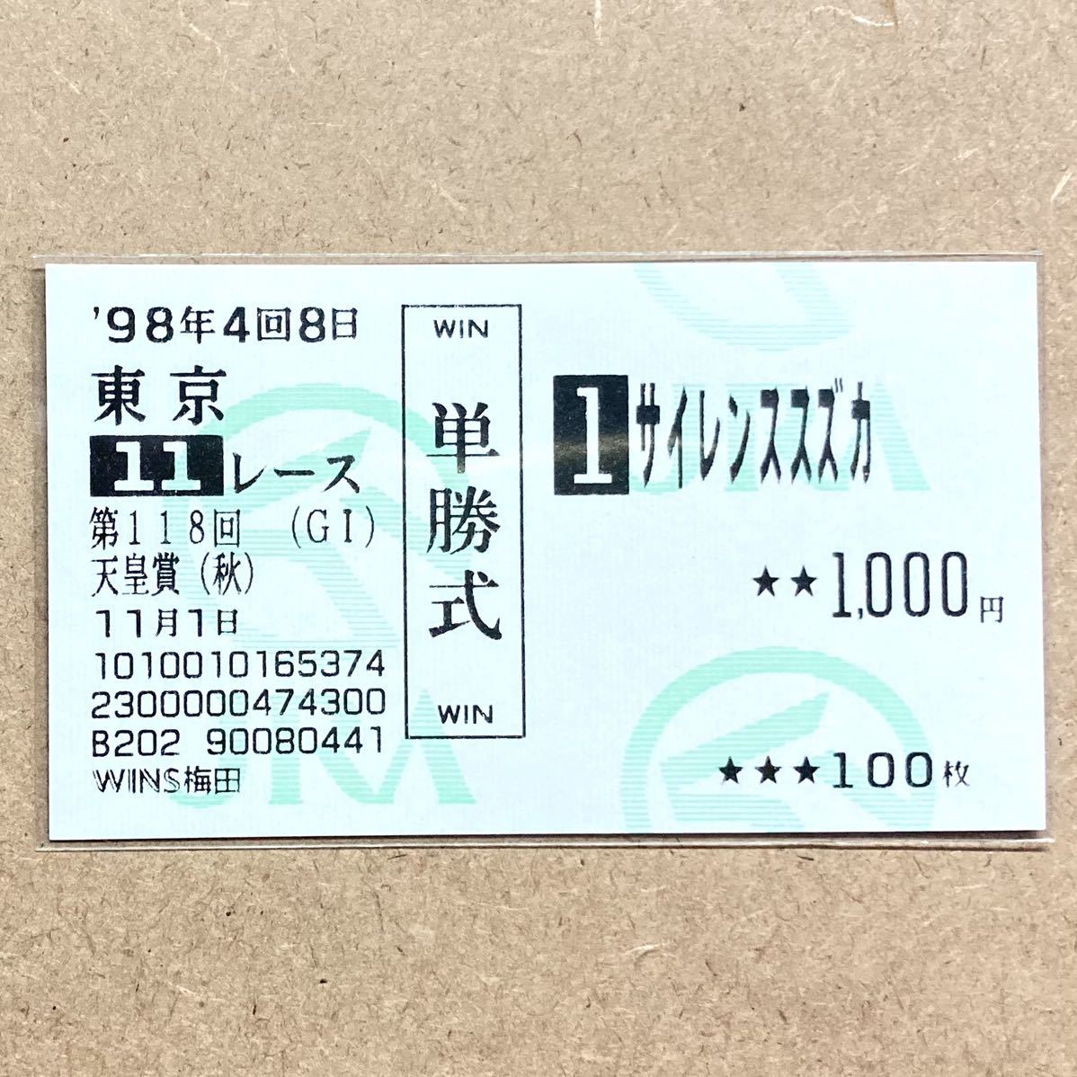 サイレンススズカ 馬券 単勝 毎日王冠 ウマ娘 他場的中】単勝馬券 1998