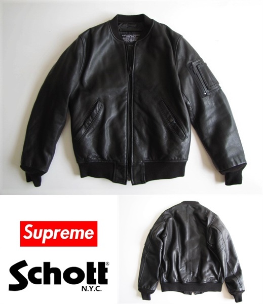 Supreme Schott フーディーレザーボンバージャケット 黒 L