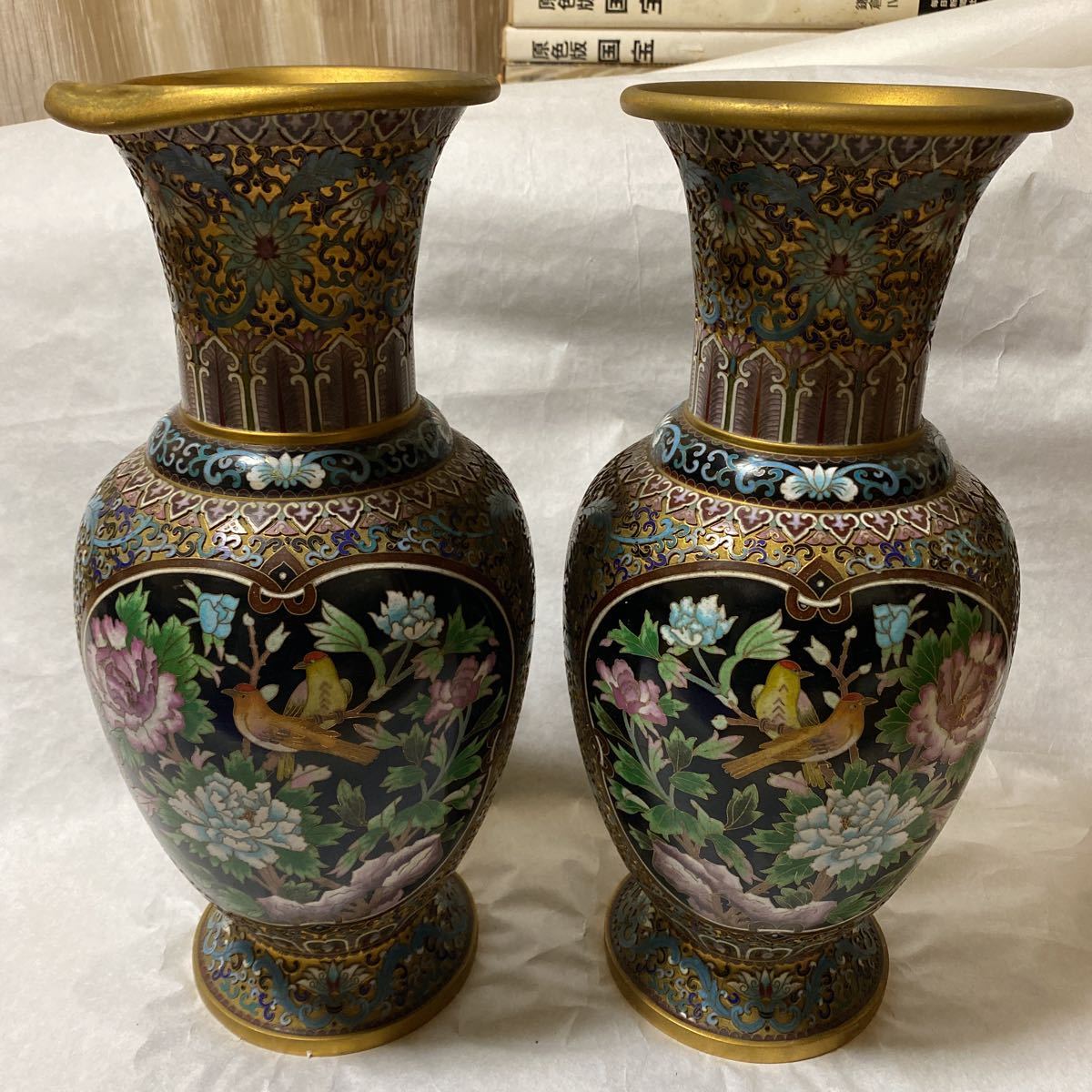 桜と鳥の装飾 陶器花瓶 中国美術 七宝焼 景泰藍 花瓶細工 アンティーク