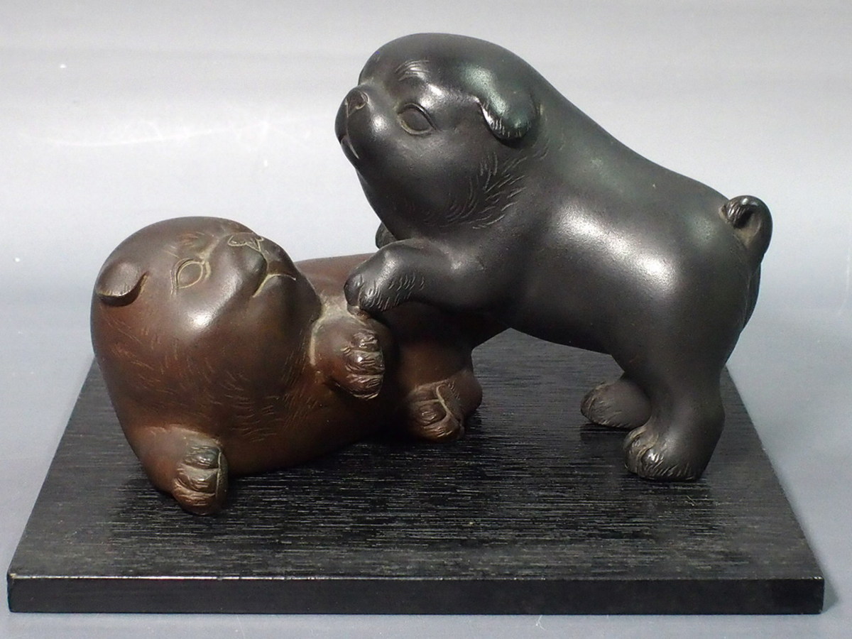 作家物 【重威作】ブロンズ 犬 青銅 置物 銅製銅像銅置物金工美術東洋