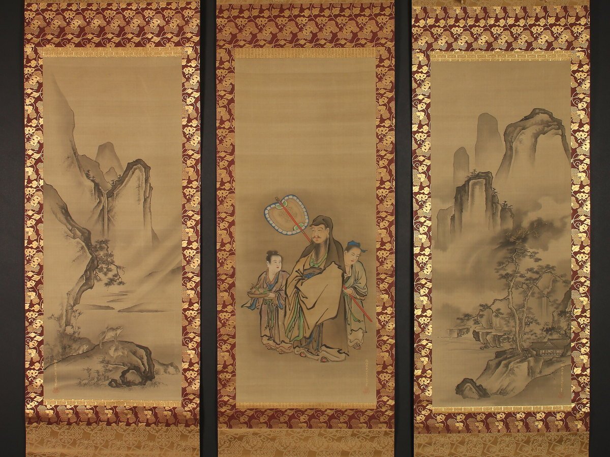 模写/狩野探幽/古画紅葉山水図/山水図/江戸時代/掛軸/名家伝来/AD-