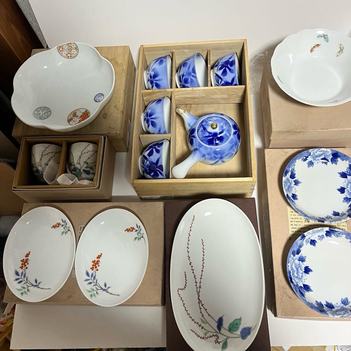 小皿5枚 深川製 花文様 木箱付き 深川ブルー 染付 金彩 2025