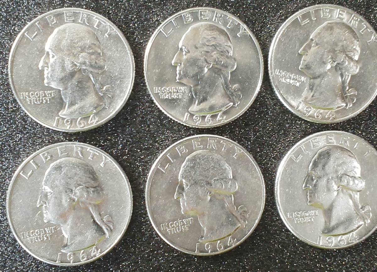 アメリカ、1964年発行の25セント銀貨(銀90％)、5枚 アメリカ、1964年