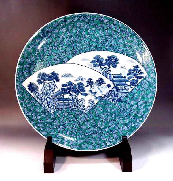 有田焼 陶芸家 藤井錦彩作】有田焼美術品 染錦唐草割山水絵飾り大皿