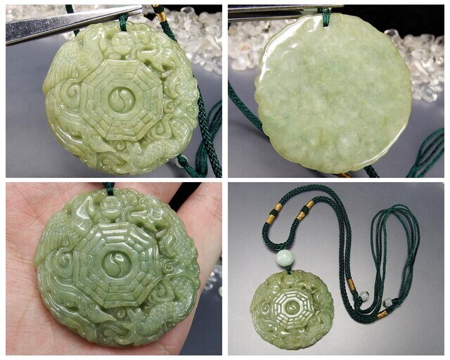 龍鳳呈祥八卦草緑色本翡翠ジェダイトペンダント天然石紐ネックレス開運