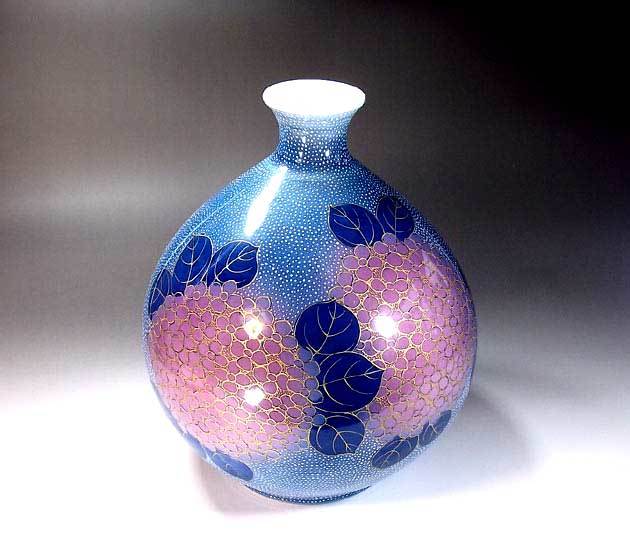 有田焼 陶芸家 藤井錦彩作】有田焼美術品 金彩釉裏紅紫陽花絵飾り花瓶