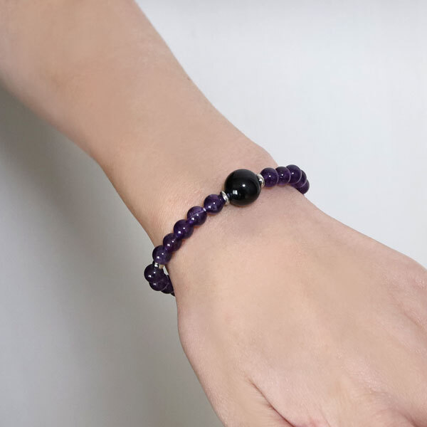 パワーストーン ブレスレット アメジスト モリオン 黒水晶 紫 パープル