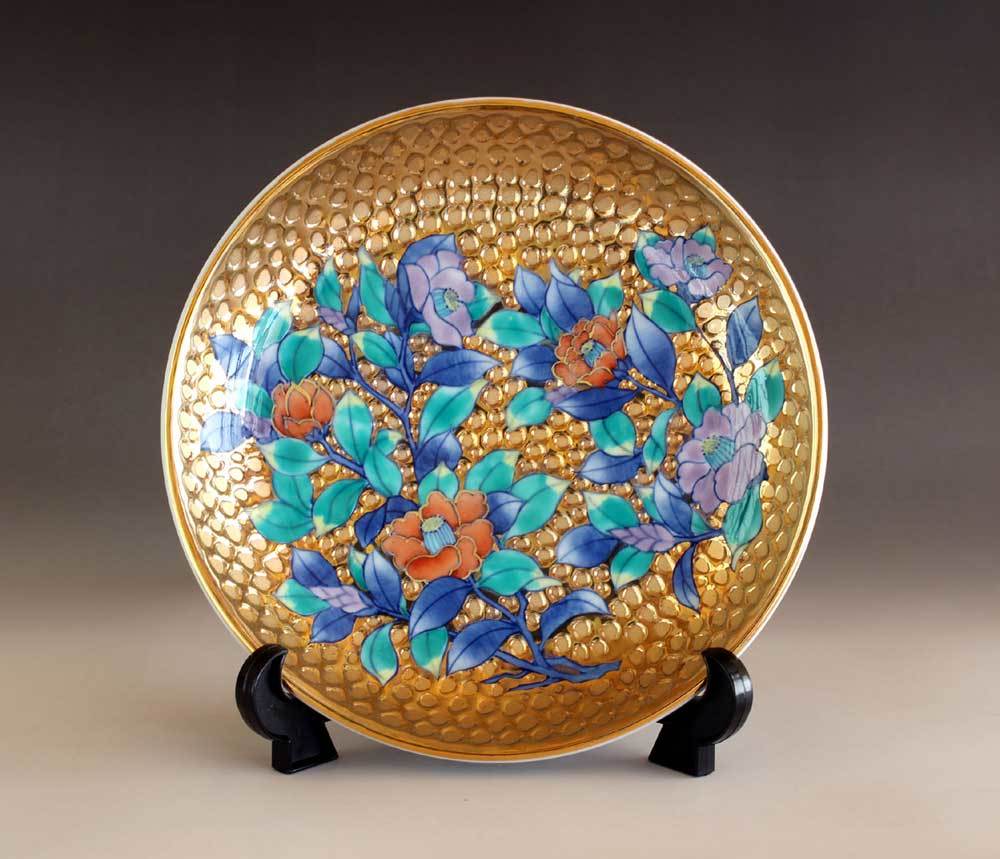 有田焼 陶芸家 藤井錦彩作】有田焼美術品 染錦黄金椿絵飾り皿 文字入れ
