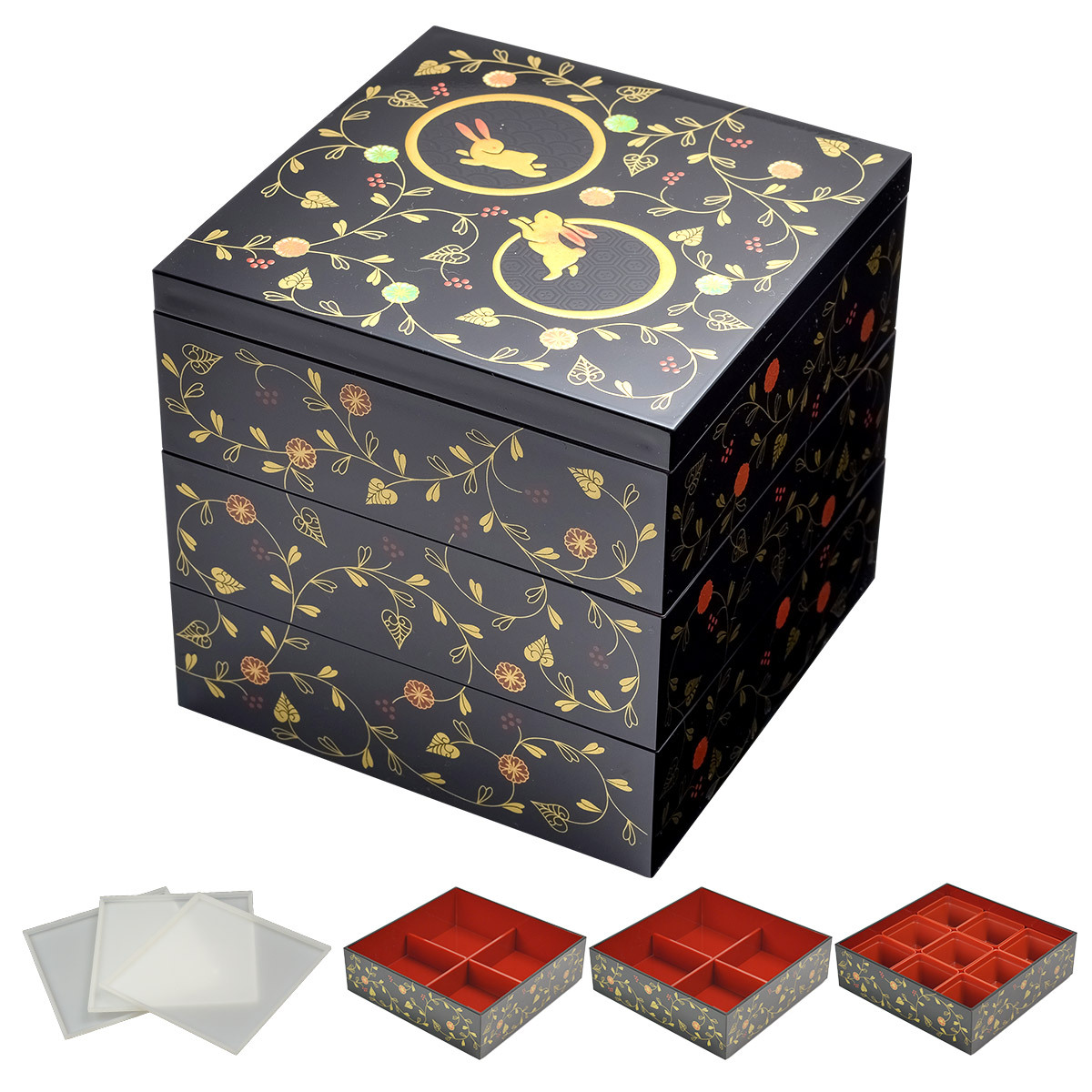 中国 粉彩 花草文 三段重箱 蓋物 V 8785 中国 粉彩 花草文 三段重箱