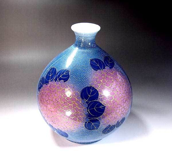 有田焼 陶芸家 藤井錦彩作】有田焼美術品 金彩釉裏紅紫陽花絵飾り花瓶