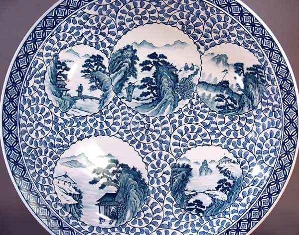 有田焼 陶芸家 藤井錦彩作】有田焼美術品 染付唐草割山水絵飾り大皿