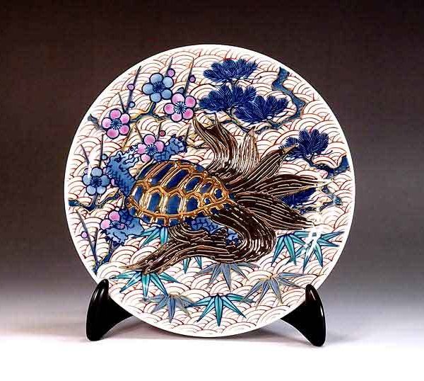 有田焼 陶芸家 藤井錦彩作】有田焼美術品 染錦金・プラチナ彩松竹梅亀