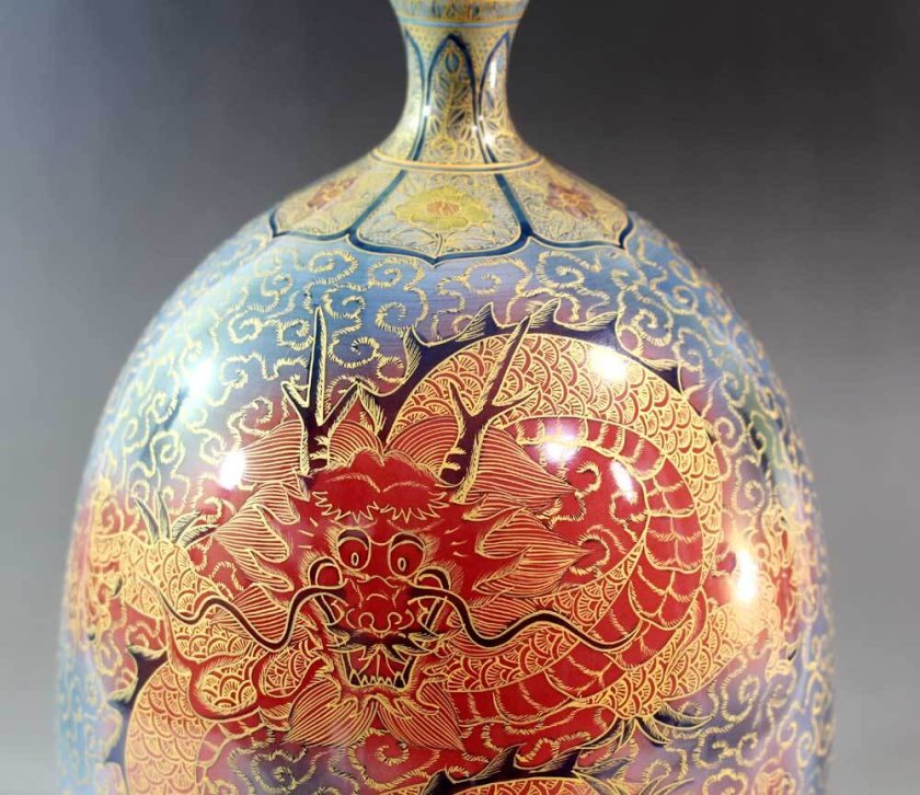 極上手・金襴手様式釉裏彩龍絵花瓶 陶芸作家 藤井錦彩 作 桐箱入り