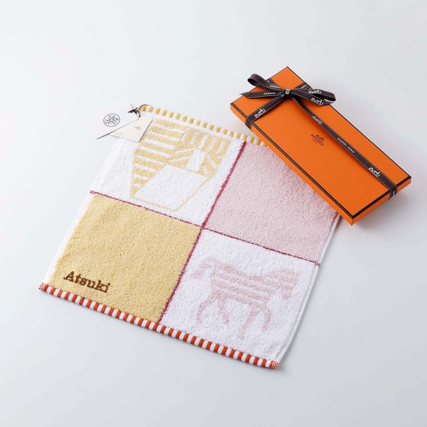 HERMES エルメス カレ・タオル カバン ピンク / イエロー 名入れ代込み