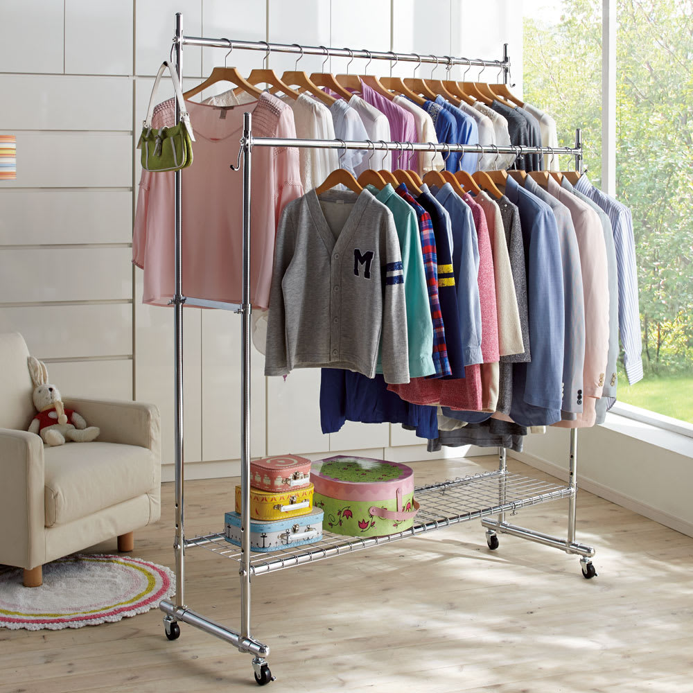 プロ仕様 伸縮頑丈ハンガーラック ダブルタイプ 幅122～152cm シルバー